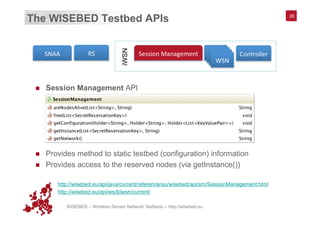 WISEBED – Wireless Sensor Network Testbeds – http://wisebed.eu
The WISEBED Testbed APIs
n  Session Management API
n  Provides method to static testbed (configuration) information
n  Provides access to the reserved nodes (via getInstance())
§  http://wisebed.eu/api/java/current/reference/eu/wisebed/api/sm/SessionManagement.html
§  http://wisebed.eu/api/wsdl/iwsn/current/
26
RS	
  SNAA	
   Session	
  Management	
   WSN	
  WSN	
  WSN	
  WSN	
  
Controller	
  
iWSN
 