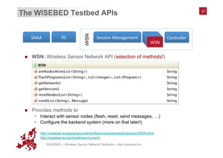 WISEBED – Wireless Sensor Network Testbeds – http://wisebed.eu
The WISEBED Testbed APIs
n  WSN: Wireless Sensor Network API (selection of methods!)
n  Provides methods to
§  Interact with sensor nodes (flash, reset, send messages, …)
§  Configure the backend system (more on that later!)
§  http://wisebed.eu/api/java/current/reference/eu/wisebed/api/wsn/WSN.html
§  http://wisebed.eu/api/wsdl/iwsn/current/
27
RS	
  SNAA	
   Session	
  Management	
   WSN	
  WSN	
  WSN	
  WSN	
  
Controller	
  
iWSN
 