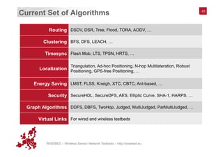 WISEBED – Wireless Sensor Network Testbeds – http://wisebed.eu
Current Set of Algorithms 43
Routing DSDV, DSR, Tree, Flood, TORA, AODV, …
Clustering BFS, DFS, LEACH, …
Timesync Flash Mob, LTS, TPSN, HRTS, …
Localization
Triangulation, Ad-hoc Positioning, N-hop Multilateration, Robust
Positioning, GPS-free Positioning, …
Energy Saving LMST, FLSS, Kneigh, XTC, CBTC, Ant-based, …
Security SecureHDL, SecureDFS, AES, Elliptic Curve, SHA-1, HARPS, …
Graph Algorithms DDFS, DBFS, TwoHop, Judged, MultiJudged, ParMultiJudged, …
Virtual Links For wired and wireless testbeds
 