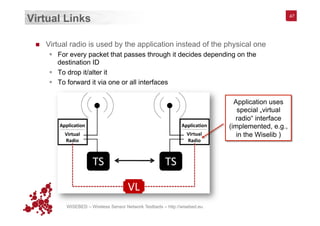 WISEBED – Wireless Sensor Network Testbeds – http://wisebed.eu
Virtual Links
n  Virtual radio is used by the application instead of the physical one
§  For every packet that passes through it decides depending on the
destination ID
§  To drop it/alter it
§  To forward it via one or all interfaces
47
Application uses
special „virtual
radio“ interface
(implemented, e.g.,
in the Wiselib )
 