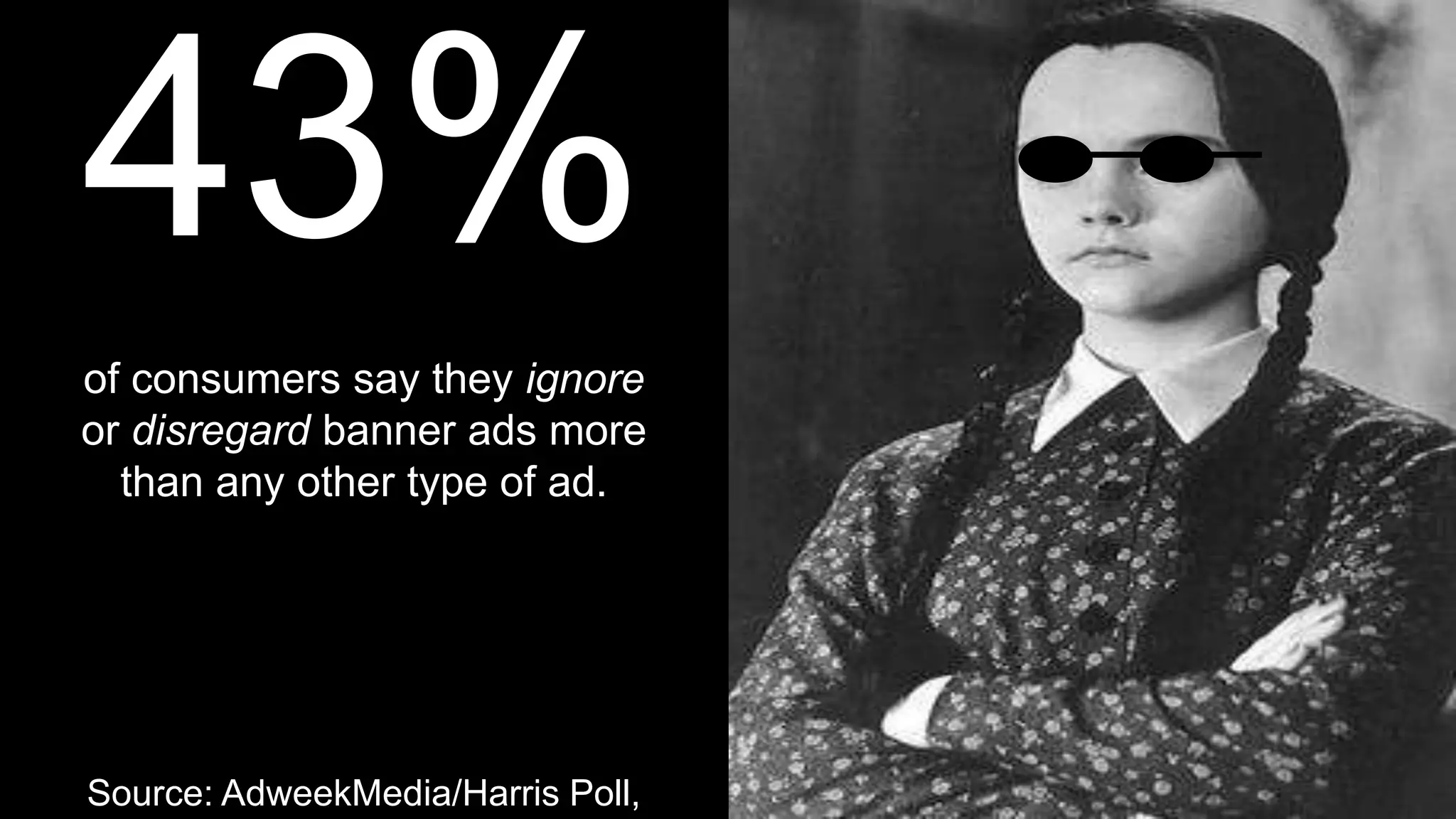of consumers say they ignore
or disregard banner ads more
  than any other type of ad.




Source: AdweekMedia/Harris Poll,
 