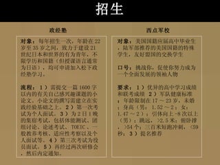 招生 政经塾 西点军校 对象： 每年招生一次，年龄在 22 岁至 35 岁之间，致力于建设 21 世纪日本和世界的有为青年，不限学历和国籍（但授课语言通常为日语），均可申请加入松下政经塾学习。 流程： 1 ） 需提交一篇 1600 字以内的有关自己感兴趣课题的小论文。小论文的撰写需建立在实践经验基础之上。 2 ） 第一次考试为个人面试。 3 ） 为 2 日 1 晚的集宿考试，包括体能测试、团组讨论、论述考试、 TOEIC 、一般教养考核、适应性考察以及个人面试等。 4 ） 第三次考试为役员面试。 5 ） 再经过两次研修会，然后内定通知。 对象： 美国国籍应届高中毕业生，陆军部推荐的美国国籍的特殊学生，友好盟国的交换学生 口号： 挑战你，促使你努力成为一个全面发展的领袖人物 要求： 1 ） 优异的高中学习成绩和联考成绩  2 ） 军队健康标准  ： 年龄限制在 17 ～ 23 岁，未婚；身高（男： 1.52 ～ 2 ；女： 1.47 ～ 2 ）；引体向上 -8 次以上（男）；跳远， >2.5 米；俯卧撑， >54 个；三百米短跑冲刺， <59 秒； 3 ） 提名推荐  