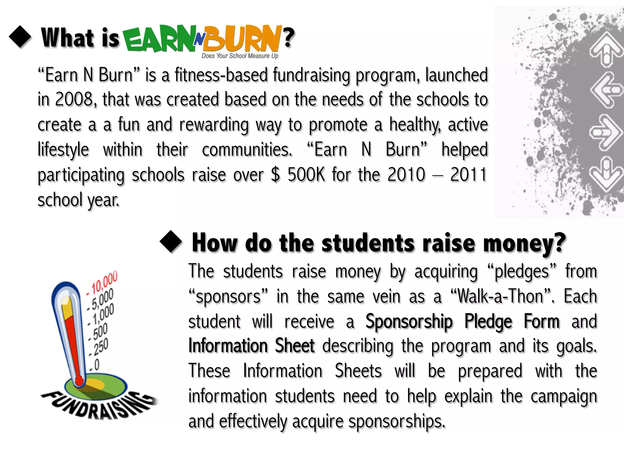 !  What is                         ?
  “Earn N Burn” is a fitness-based fundraising program, launched
  in 2008, that was created based on the needs of the schools to
  create a a fun and rewarding way to promote a healthy, active
  lifestyle within their communities. “Earn N Burn” helped
  participating schools raise over $ 500K for the 2010 – 2011
  school year.

                  !  How do the students raise money?
                      The students raise money by acquiring “pledges” from
                      “sponsors” in the same vein as a “Walk-a-Thon”. Each
                      student will receive a Sponsorship Pledge Form and
                      Information Sheet describing the program and its goals.
                      These Information Sheets will be prepared with the
                      information students need to help explain the campaign
                      and effectively acquire sponsorships.
 