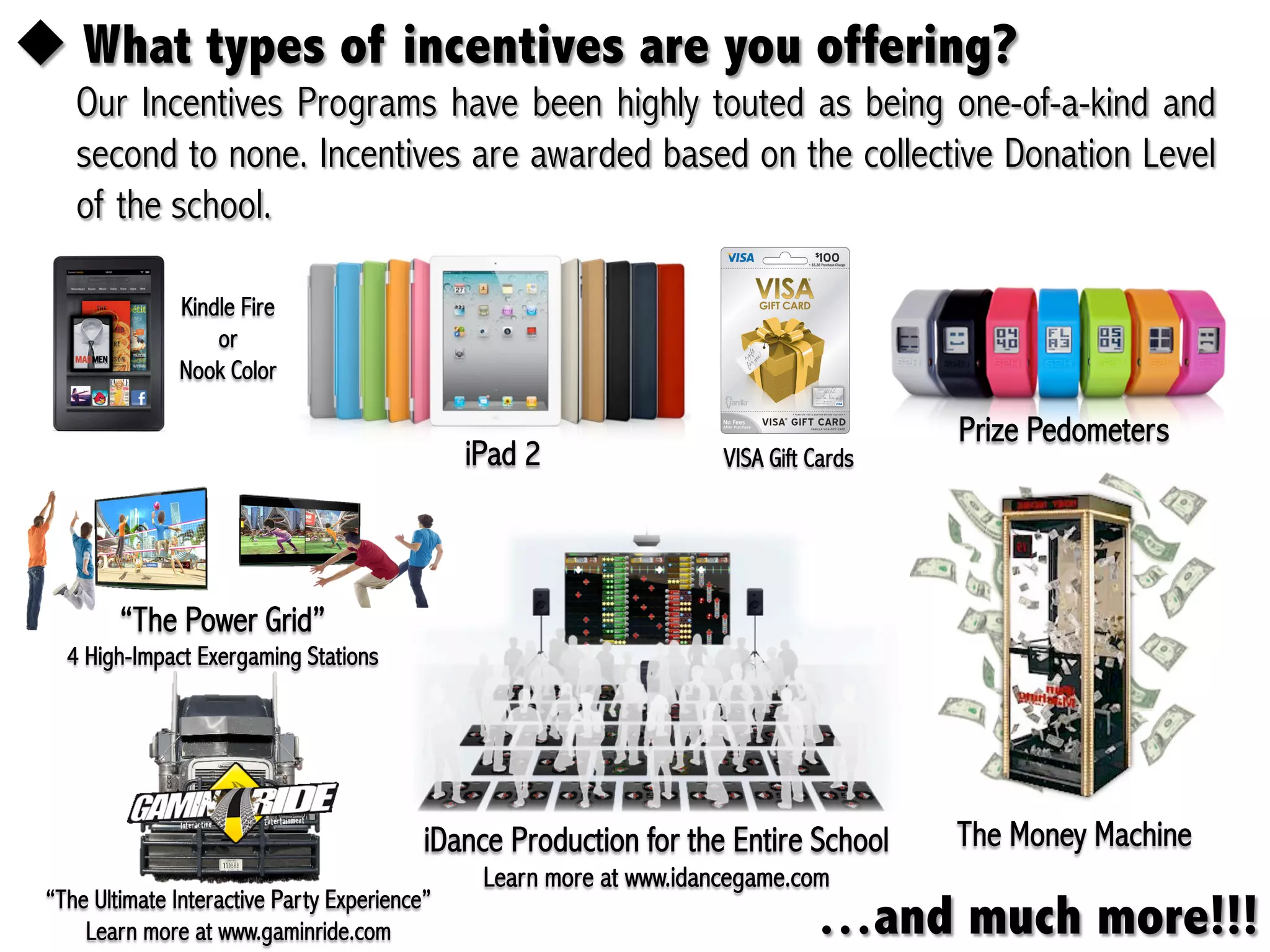 !  What types of incentives are you offering?
    Our Incentives Programs have been highly touted as being one-of-a-kind and
    second to none. Incentives are awarded based on the collective Donation Level
    of the school.

               Kindle Fire
                   or
               Nook Color

                                                                                        Prize Pedometers
                                               iPad 2                 VISA Gift Cards




         “The Power Grid”
   4 High-Impact Exergaming Stations




                                           iDance Production for the Entire School      The Money Machine
                                                Learn more at www.idancegame.com
 “The Ultimate Interactive Party Experience”
     Learn more at www.gaminride.com                                            …and much more!!!
 