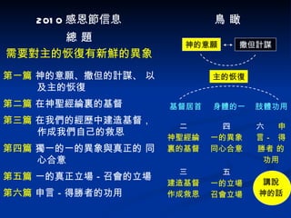 2010 感恩節信息 總 題 需要對主的恢復有新鮮的異象 第一篇  神的意願、撒但的計謀、 以及主的恢復 第二篇  在神聖經綸裏的基督 第三篇  在我們的經歷中建造基督，作成我們自己的救恩 第四篇  獨一的一的異象與真正的 同心合意 第五篇  一的真正立場－召會的立場 第六篇  申言－得勝者的功用 神的意願 撒但計謀 主的恢復 基督居首 身體的一 肢體功用 二 神聖經綸裏的基督 三 建造基督 作成救恩 六  申言－  得勝者 的功用 講說 神的話 四 一的異象 同心合意 五 一的立場 召會立場 鳥 瞰 