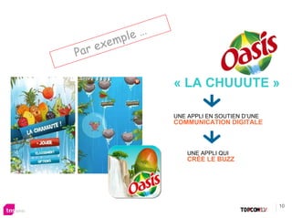 …
           ple
    e   xem
Par

                     « LA CHUUUTE »

                     UNE APPLI EN SOUTIEN D’UNE
                     COMMUNICATION DIGITALE



                         UNE APPLI QUI
                         CRÉE LE BUZZ




                                                  10
 