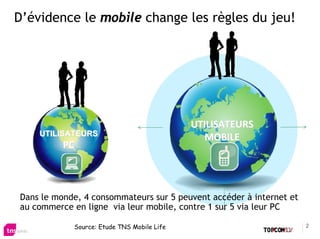 D’évidence le mobile change les règles du jeu!




                                            UTILISATEURS
    UTILISATEURS
                                              MOBILE
          PC



Dans le monde, 4 consommateurs sur 5 peuvent accéder à internet et
au commerce en ligne via leur mobile, contre 1 sur 5 via leur PC

            Source: Etude TNS Mobile Life                            2
 