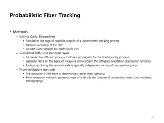 Probabilistic Fiber Tracking
• Methods
– Monte Carlo Streamlines
• Simulation the rage of possible outputs of a deterministic tracking process
• Random sampling of the PDF
• At least 1000 samples for each voxel’s PDF
– Simulated Diffusion Random Walk
• To invoke the diffusion process itself as a propagator for the tractography process
• generate PDFs on the basis of measures derived from the diffusion orientation distribution function
• Each jump during the random walk is typically independent of any of the previous jumps
– Front evolution methods
• The evolution of the front is deterministic rather than statistical
• Front evolution methods generate maps of a distributed ‘degree of connection’ index (fast marching
tractography)
32
 