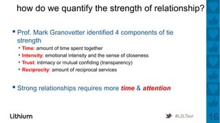 how do we quantify the strength of relationship?

▪ Prof. Mark Granovetter identified 4 components of tie
 strength
  •  T...