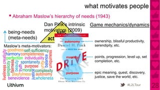 what motivates people
  ▪ Abraham Maslow’s hierarchy of needs (1943)
                     Dan Pink’s intrinsic       Game ...