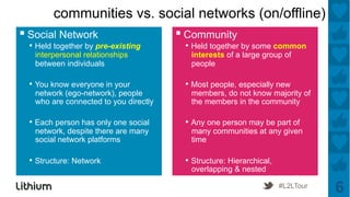 communities vs. social networks (on/offline)
▪ Social Network                       ▪ Community
 •  Held together by pre-e...