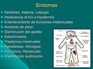 Síntomas Debilidad, Astenia, Letargia Intolerancia al frío e hipotermia Enlentecimiento de funciones intelectuales Aumento de peso Disminución del apetito Estreñimiento Trastornos mestruales Parestesias, Artralgias Voz ronca, Hipoacusia Disminución sudoración 