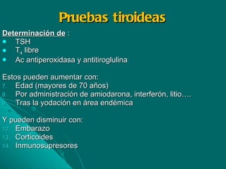 Pruebas tiroideas Determinación de  : TSH T 4  libre Ac antiperoxidasa y antitiroglulina Estos pueden aumentar con: Edad (mayores de 70 años) Por administración de amiodarona, interferón, litio…. Tras la yodación en área endémica  Y pueden disminuir con: Embarazo Corticoides Inmunosupresores 