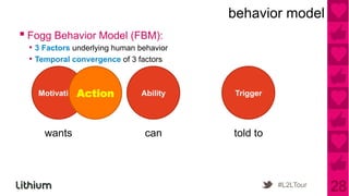 behavior model
▪ Fogg Behavior Model (FBM):
 •  3 Factors underlying human behavior
 •  Temporal convergence of 3 factors
...