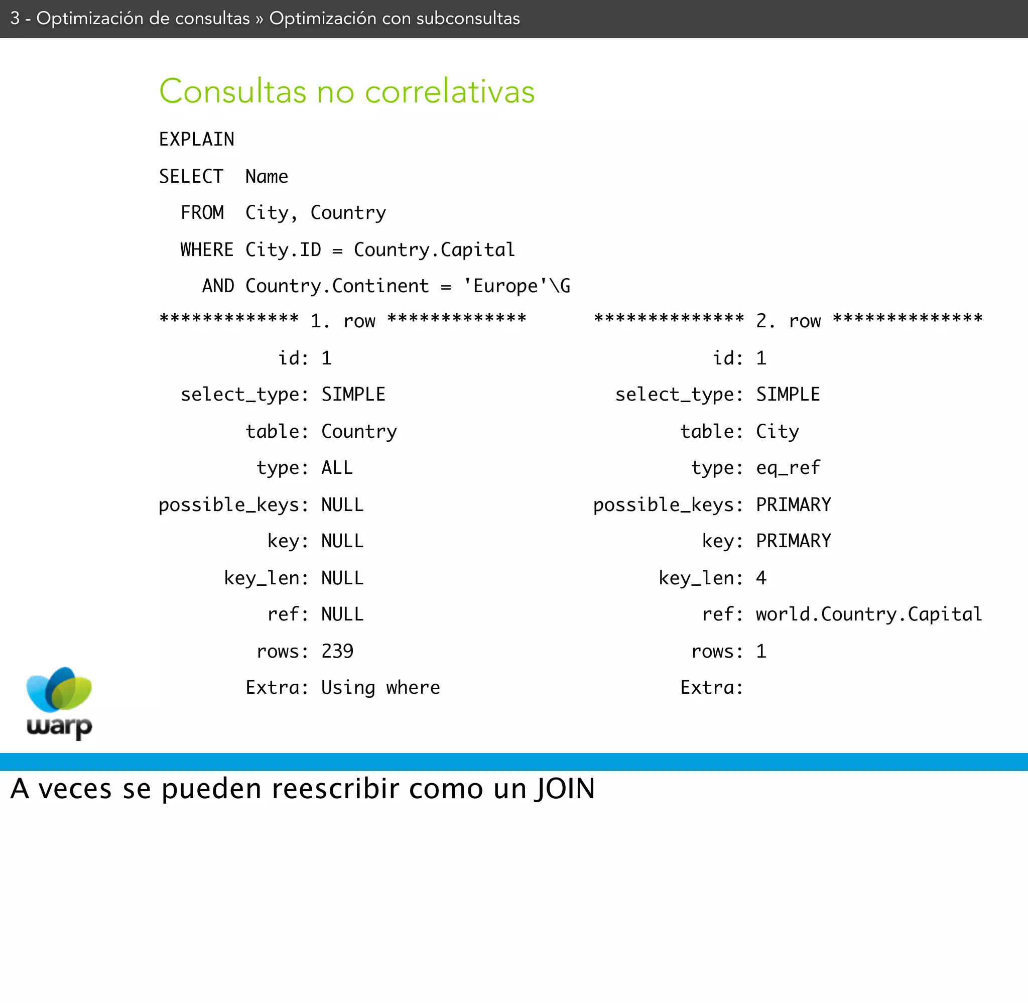 3 - Optimización de consultas » Optimización con subconsultas



                 Consultas no correlativas
                 EXPLAIN

                 SELECT      Name

                    FROM     City, Country

                    WHERE City.ID = Country.Capital

                      AND Country.Continent = 'Europe'G
                 ************* 1. row *************             ************** 2. row **************

                                id: 1                                      id: 1

                    select_type: SIMPLE                           select_type: SIMPLE

                             table: Country                             table: City

                              type: ALL                                  type: eq_ref

                 possible_keys: NULL                            possible_keys: PRIMARY

                               key: NULL                                  key: PRIMARY

                           key_len: NULL                              key_len: 4

                               ref: NULL                                  ref: world.Country.Capital

                              rows: 239                                  rows: 1

                             Extra: Using where                         Extra:




A veces se pueden reescribir como un JOIN
 