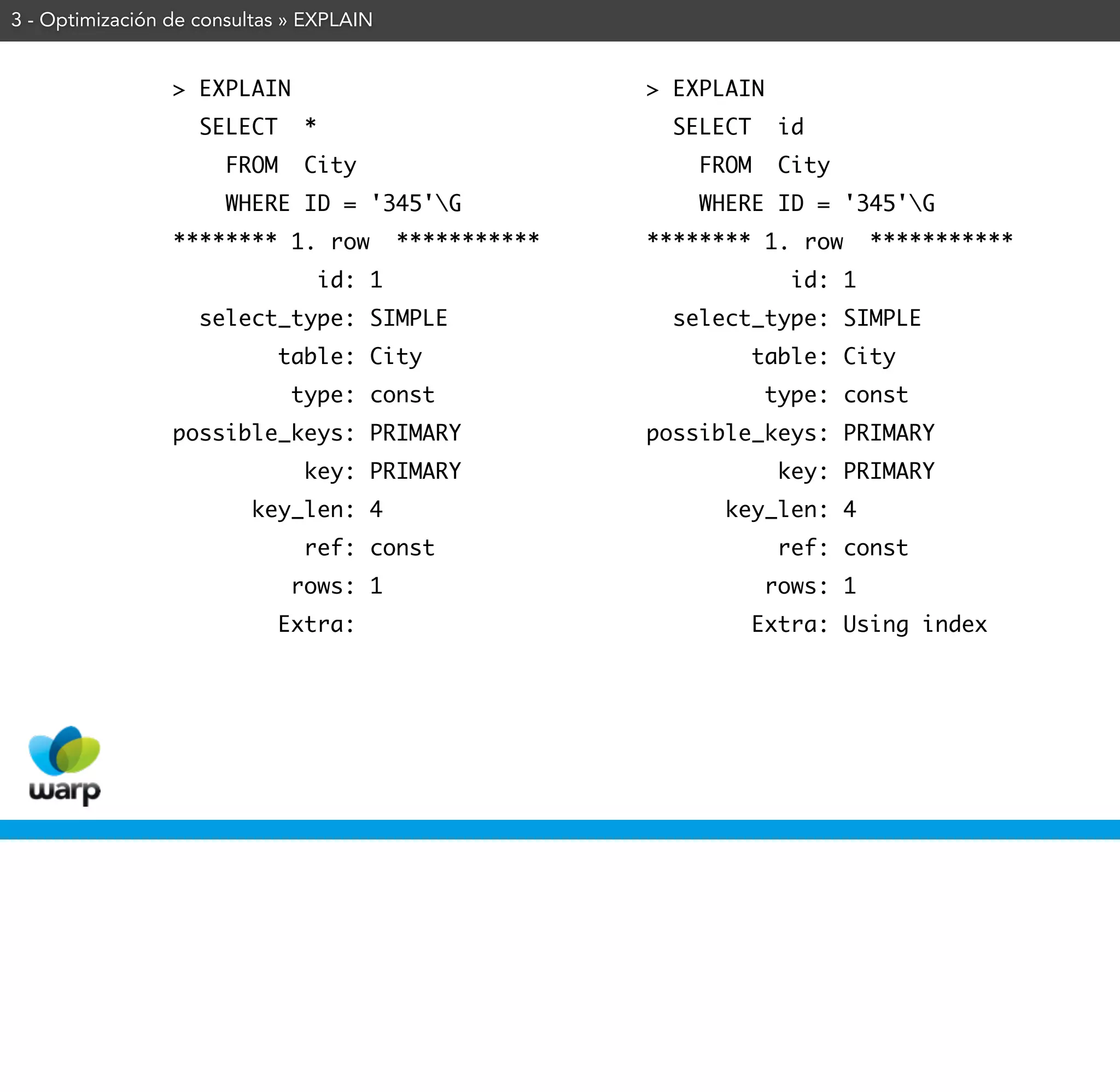 3 - Optimización de consultas » EXPLAIN


                 > EXPLAIN                                > EXPLAIN
                    SELECT      *                           SELECT     id
                       FROM     City                          FROM     City
                       WHERE ID = '345'G                     WHERE ID = '345'G
                 ******** 1. row            ***********   ******** 1. row       ***********
                                    id: 1                               id: 1
                    select_type: SIMPLE                     select_type: SIMPLE
                              table: City                            table: City
                               type: const                            type: const
                 possible_keys: PRIMARY                   possible_keys: PRIMARY
                                key: PRIMARY                           key: PRIMARY
                         key_len: 4                             key_len: 4
                                ref: const                             ref: const
                               rows: 1                                rows: 1
                              Extra:                                 Extra: Using index
 
