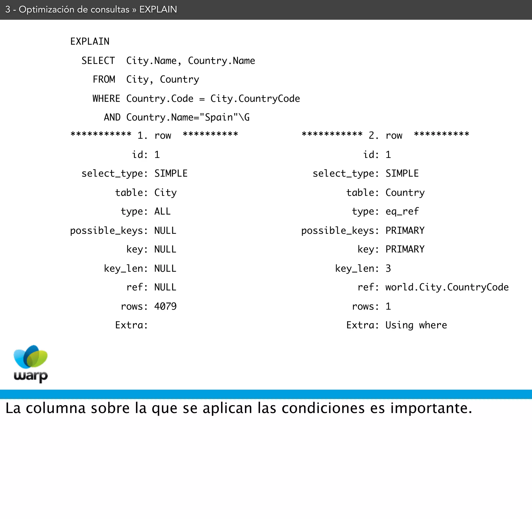 3 - Optimización de consultas » EXPLAIN


              EXPLAIN

                 SELECT     City.Name, Country.Name

                   FROM     City, Country

                   WHERE Country.Code = City.CountryCode

                      AND Country.Name="Spain"G
              *********** 1. row          **********       *********** 2. row   **********

                             id: 1                                    id: 1

                 select_type: SIMPLE                         select_type: SIMPLE

                          table: City                              table: Country

                           type: ALL                                type: eq_ref

              possible_keys: NULL                          possible_keys: PRIMARY

                            key: NULL                                key: PRIMARY

                      key_len: NULL                              key_len: 3

                            ref: NULL                                ref: world.City.CountryCode

                           rows: 4079                               rows: 1

                          Extra:                                   Extra: Using where




La columna sobre la que se aplican las condiciones es importante.
 