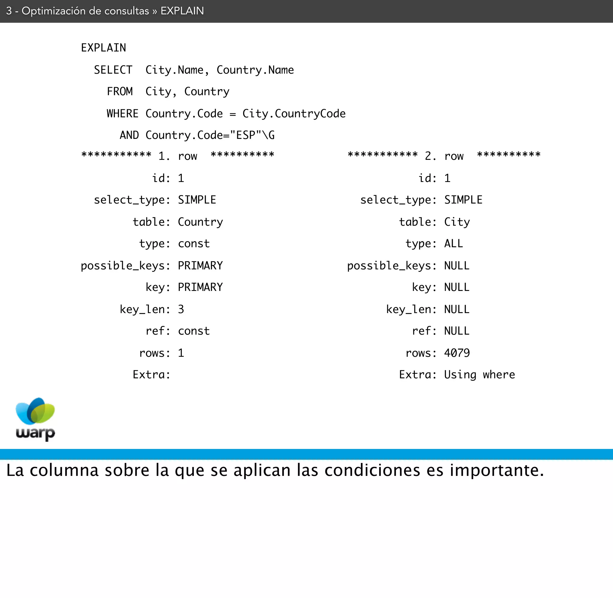 3 - Optimización de consultas » EXPLAIN


              EXPLAIN

                 SELECT     City.Name, Country.Name

                   FROM     City, Country

                   WHERE Country.Code = City.CountryCode

                      AND Country.Code="ESP"G
              *********** 1. row          **********       *********** 2. row    **********

                             id: 1                                    id: 1

                 select_type: SIMPLE                         select_type: SIMPLE

                          table: Country                           table: City

                           type: const                              type: ALL

              possible_keys: PRIMARY                       possible_keys: NULL

                            key: PRIMARY                             key: NULL

                      key_len: 3                                 key_len: NULL

                            ref: const                               ref: NULL

                           rows: 1                                  rows: 4079

                          Extra:                                   Extra: Using where




La columna sobre la que se aplican las condiciones es importante.
 