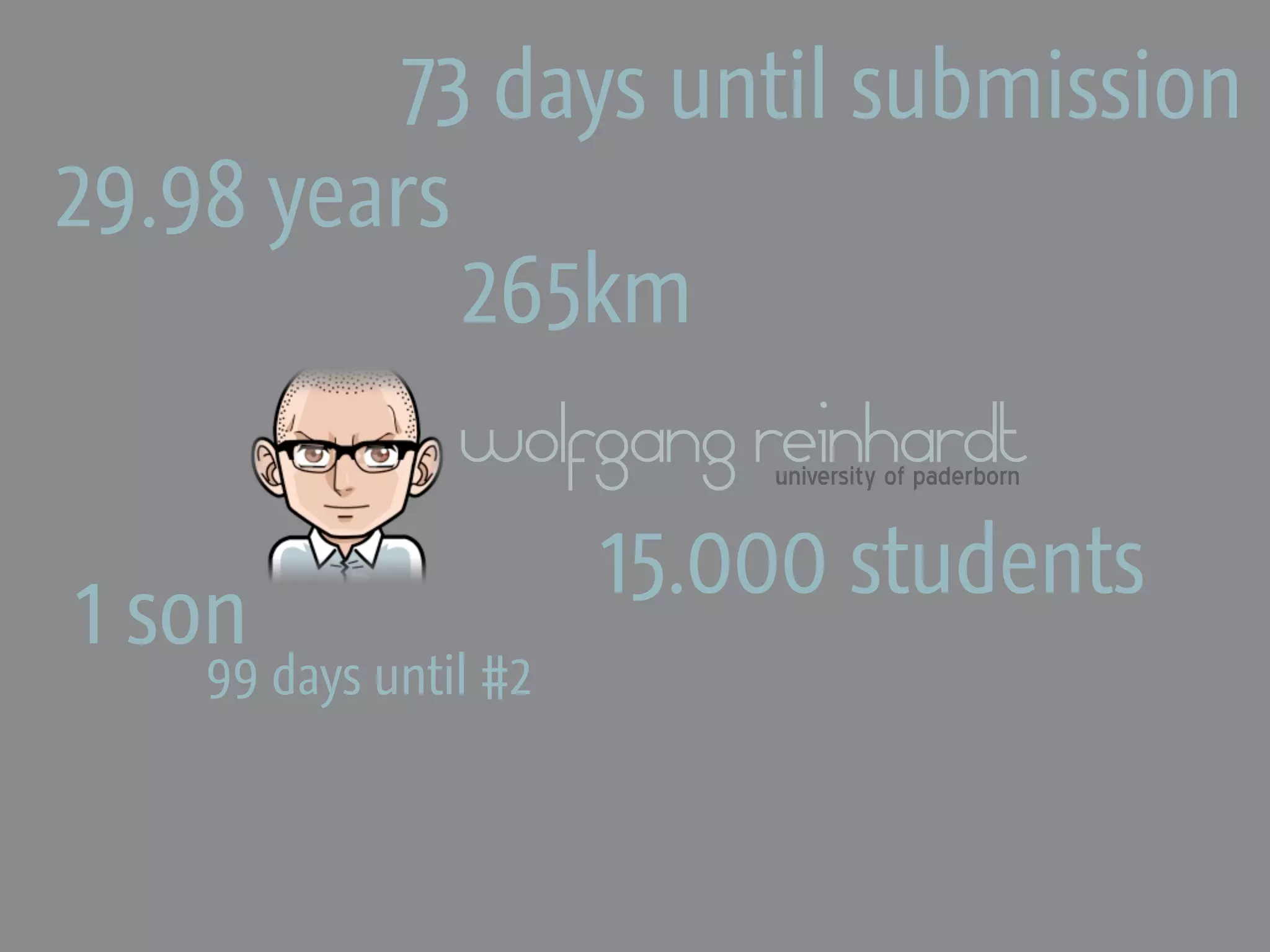 73 days until submission
29.98 years
            265km
                wolfgang reinhardt
                        university of paderborn


                    15.000 students
1 son
    99 days until #2
 