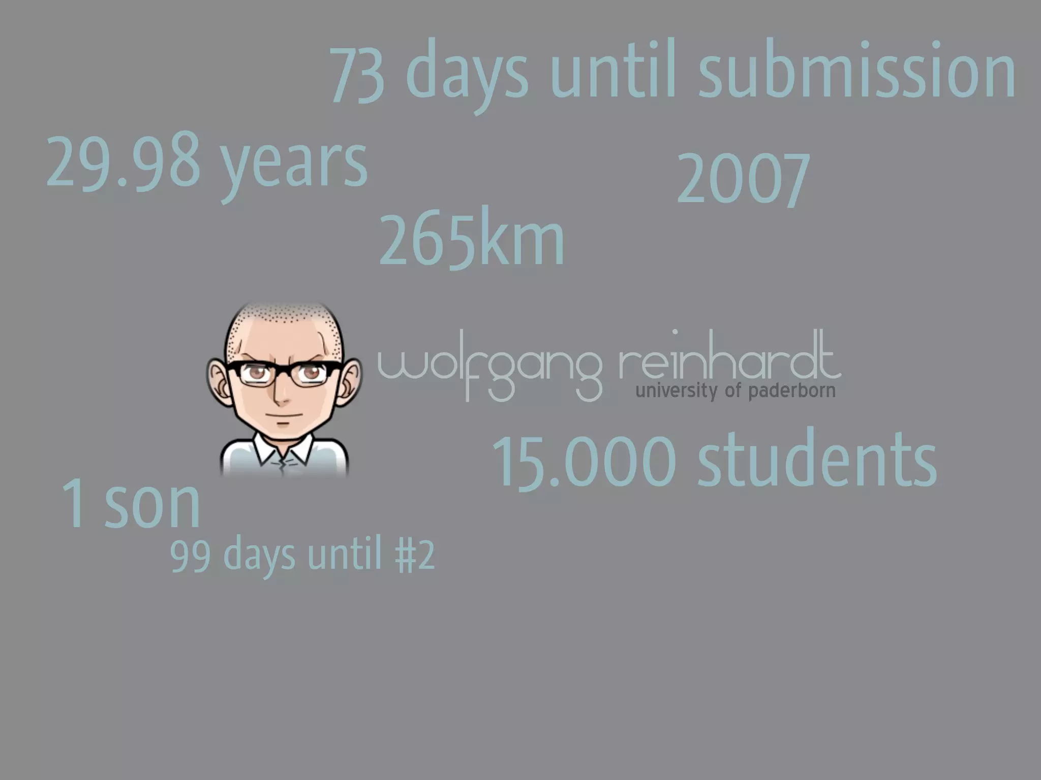73 days until submission
29.98 years            2007
            265km
                wolfgang reinhardt
                        university of paderborn


                    15.000 students
1 son
    99 days until #2
 