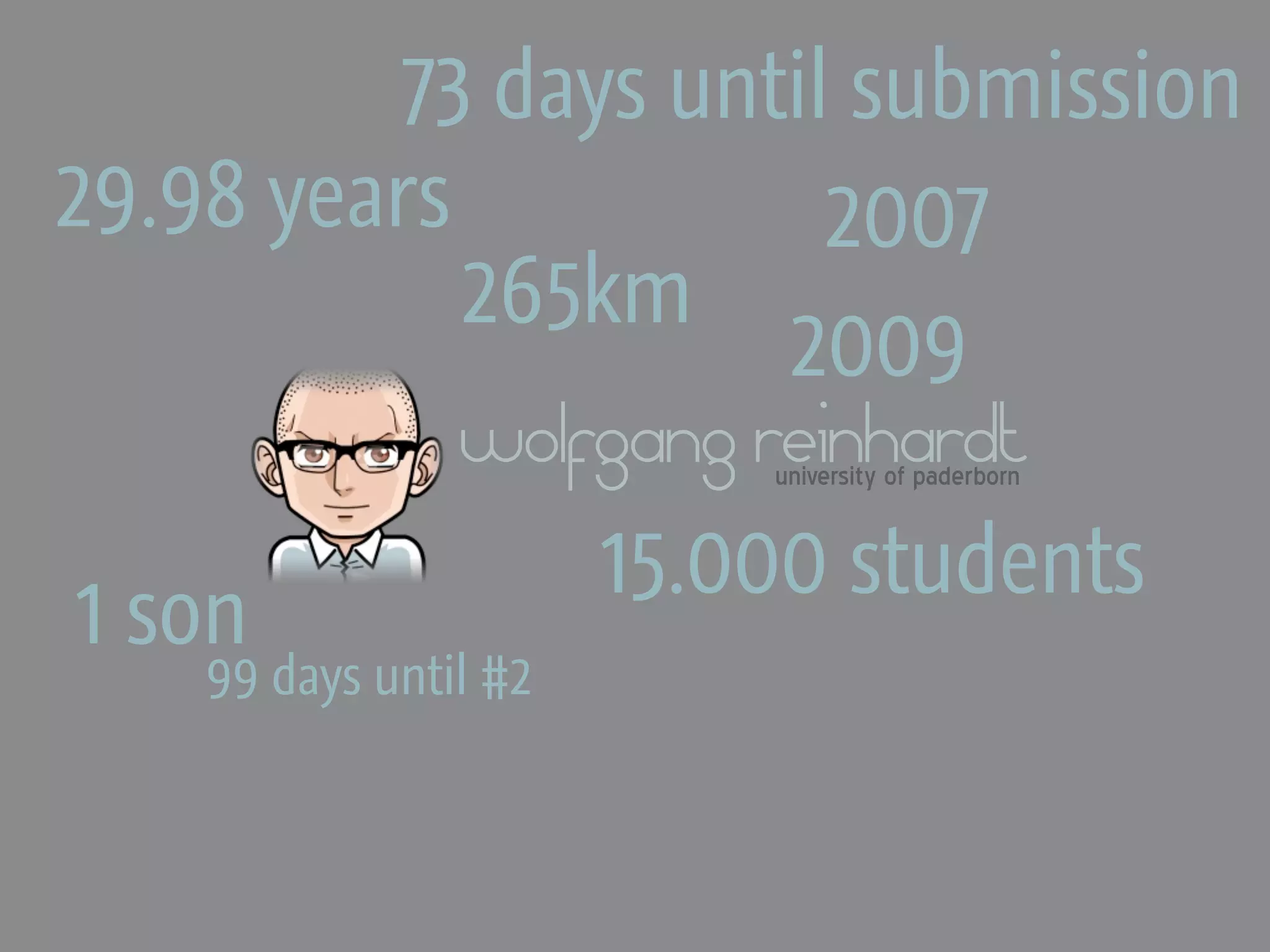 73 days until submission
29.98 years             2007
            265km
                      2009
            wolfgang reinhardt
                       university of paderborn


                15.000 students
 1 son
    99 days until #2
 