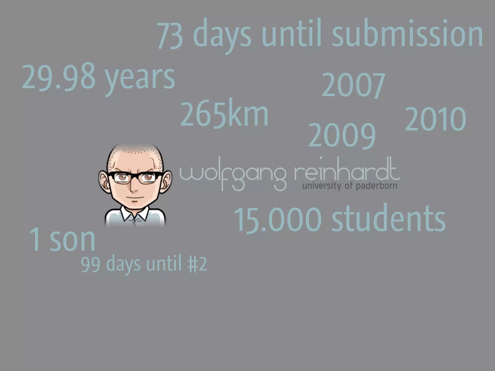 73 days until submission
29.98 years            2007
            265km           2010
                     2009
                wolfgang reinhardt
                        university of paderborn


                    15.000 students
1 son
    99 days until #2
 