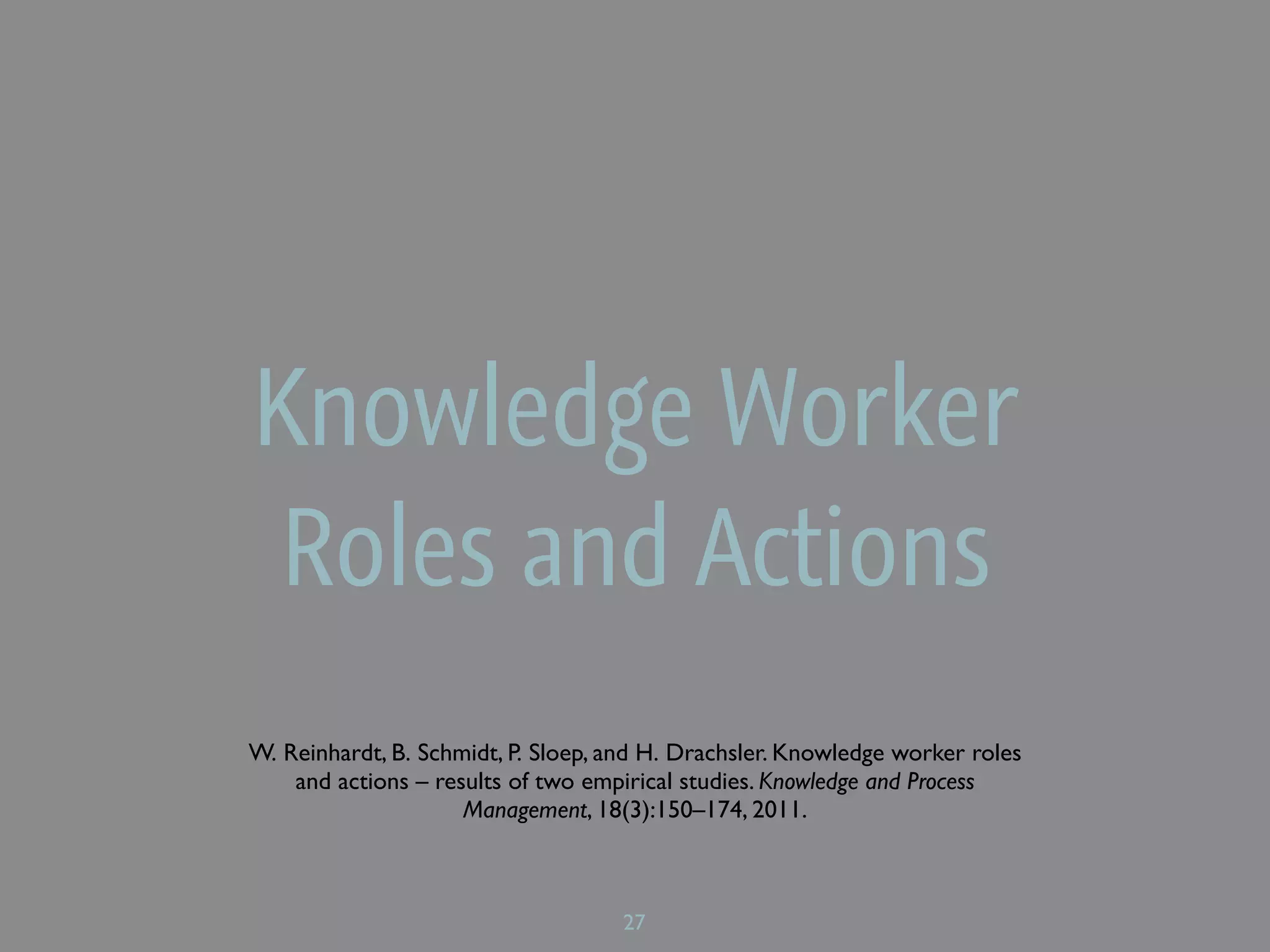 Knowledge Worker
 Roles and Actions
W. Reinhardt, B. Schmidt, P. Sloep, and H. Drachsler. Knowledge worker roles
    and actions – results of two empirical studies. Knowledge and Process
                     Management, 18(3):150–174, 2011.



                                    27
 