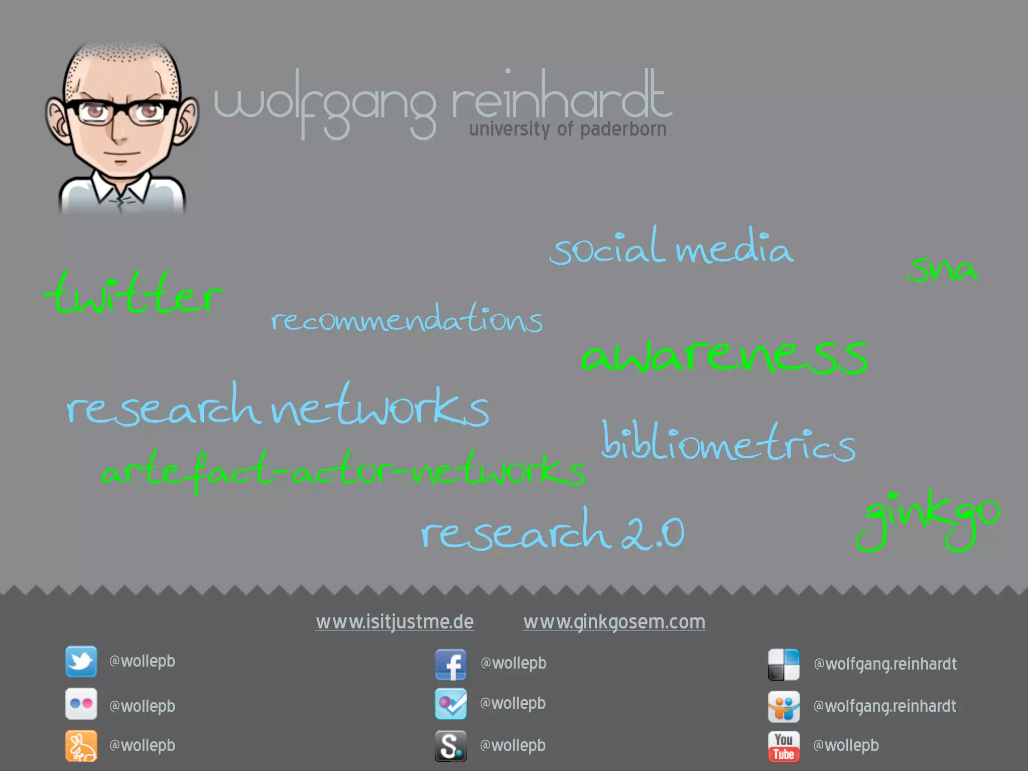 wolfgang reinhardt  university of paderborn



                                                social media               sna
twitter        recommendations
                                                 awareness
research networks
                                                  bibliometrics
  artefact-actor-networks
                                                                     ginkgo
                            research 2.0
                 www.isitjustme.de        www.ginkgosem.com
  @wollepb                           @wollepb                  @wolfgang.reinhardt
  @wollepb                           @wollepb                  @wolfgang.reinhardt
  @wollepb                           @wollepb                  @wollepb
 