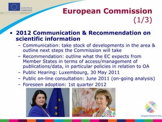 European Commission  (1/3) 2012 Communication & Recommendation on scientific information Communication: take stock of developments in the area & outline next steps the Commission will take Recommendation: outline what the EC expects from Member States in terms of access/management of publications/data, in particular policies in relation to OA Public Hearing: Luxembourg, 30 May 2011 Public on-line consultation: June 2011 (on-going analysis) Foreseen adoption: 1st quarter 2012 