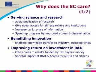 Why does the EC care?  (1/2) Serving science and research Avoid duplication of research Give equal access for all researchers and institutions Increase us & re-use of information Speed up progress by improved access & dissemination Benefitting innovation Enabling knowledge transfer to industry, including SMEs Improving return on investment in R&D Free access to results funded by tax payers’ money Societal impact of R&D & Access for NGOs and citizens 