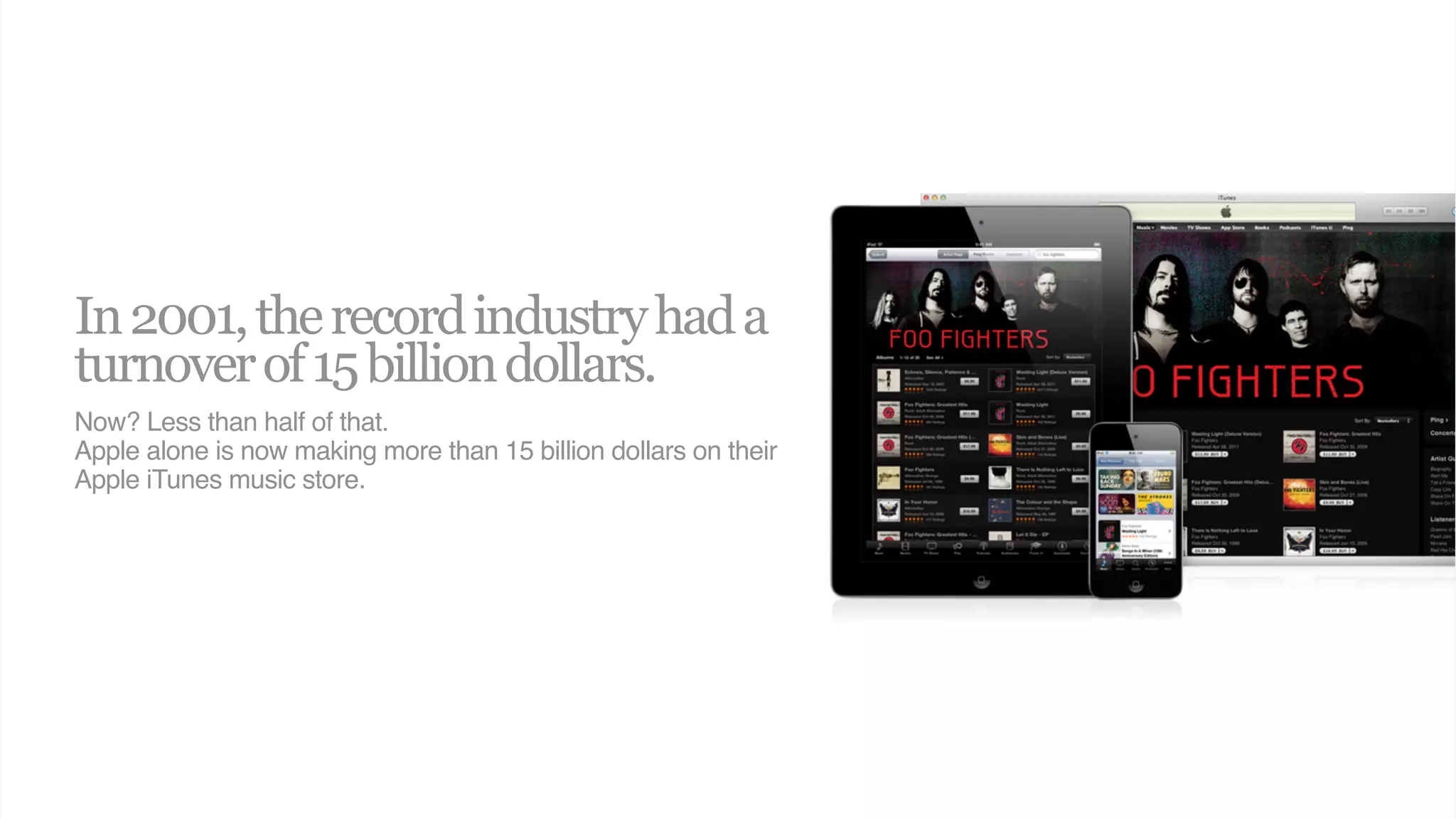 In 2001, the record industry had a
turnover of 15 billion dollars.
Now? Less than half of that.
Apple alone is now making more than 15 billion dollars on their
Apple iTunes music store.
 