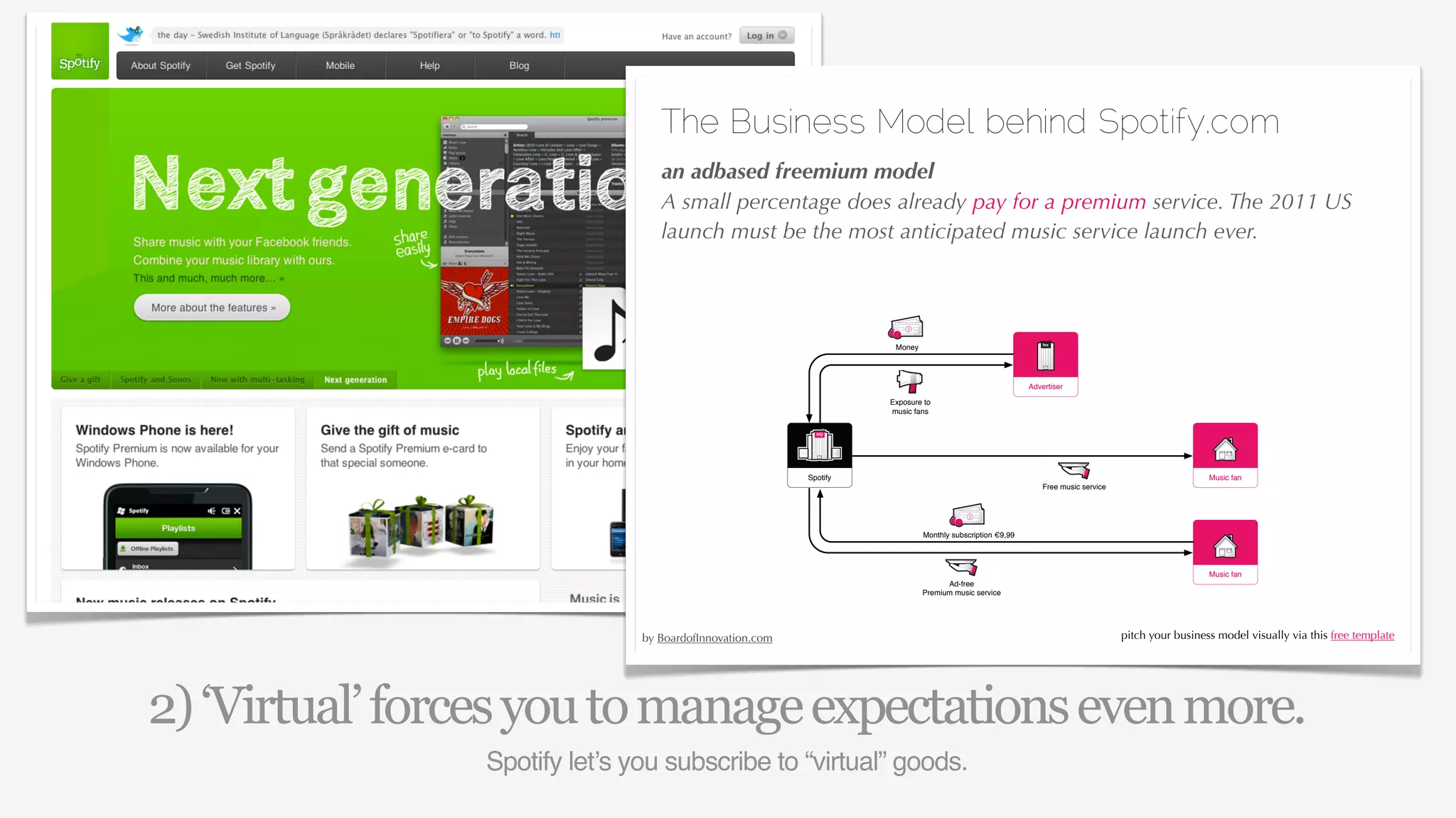 The Business Model behind Spotify.com
                                  an adbased freemium model
                                  A small percentage does already pay for a premium service. The 2011 US
                                  launch must be the most anticipated music service launch ever.



                                                                        !



                                                                                                              Inc
                                                                     Money




                                                                                                          Advertiser

                                                                    Exposure to
                                                                    music fans

                                                            HQ
                                                            Inc




                                                          Spotify                                                                                    Music fan
                                                                                                              Free music service


                                                                                         !




                                                                             Monthly subscription €9,99




                               27/04/10                                                                                                              Music fan
                                                                                   Ad-free
                                                                             Premium music service



                                                                                                                                                                 27/04/10
                               by BoardofInnovation.com                                                                            pitch your business model visually via this free template




2) ‘Virtual’ forces you to manage expectations even more.
                Spotify let’s you subscribe to “virtual” goods.
 