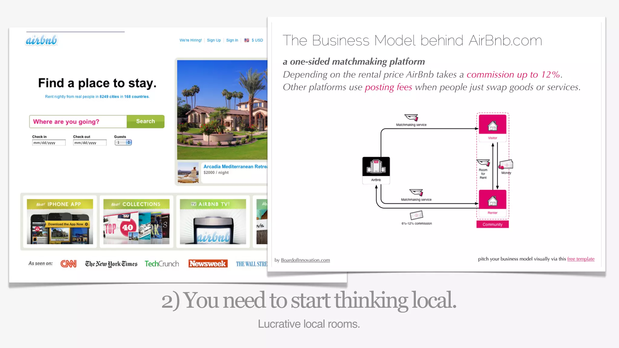 2
                                               The Business Model behind AirBnb.com
    Clickworker.com
                                             a one-sided matchmaking platform
    Example case: “Just like Amazon Mechanical Turk,
                                             Depending on the rental price AirBnb takes a commission up to 12%.
    people world wide are performing micro-tasks gaining
                                             Other platforms use posting fees when people just swap goods or services.
    micro-payments. ”


    +300.000 people paid already with a tweet*




                                                                                                                      27/04/10
                                            by BoardofInnovation.com                         pitch your business model visually via this free template
                                           27/04/10




                2) You need to start thinking local.
                                       Lucrative local rooms.
 