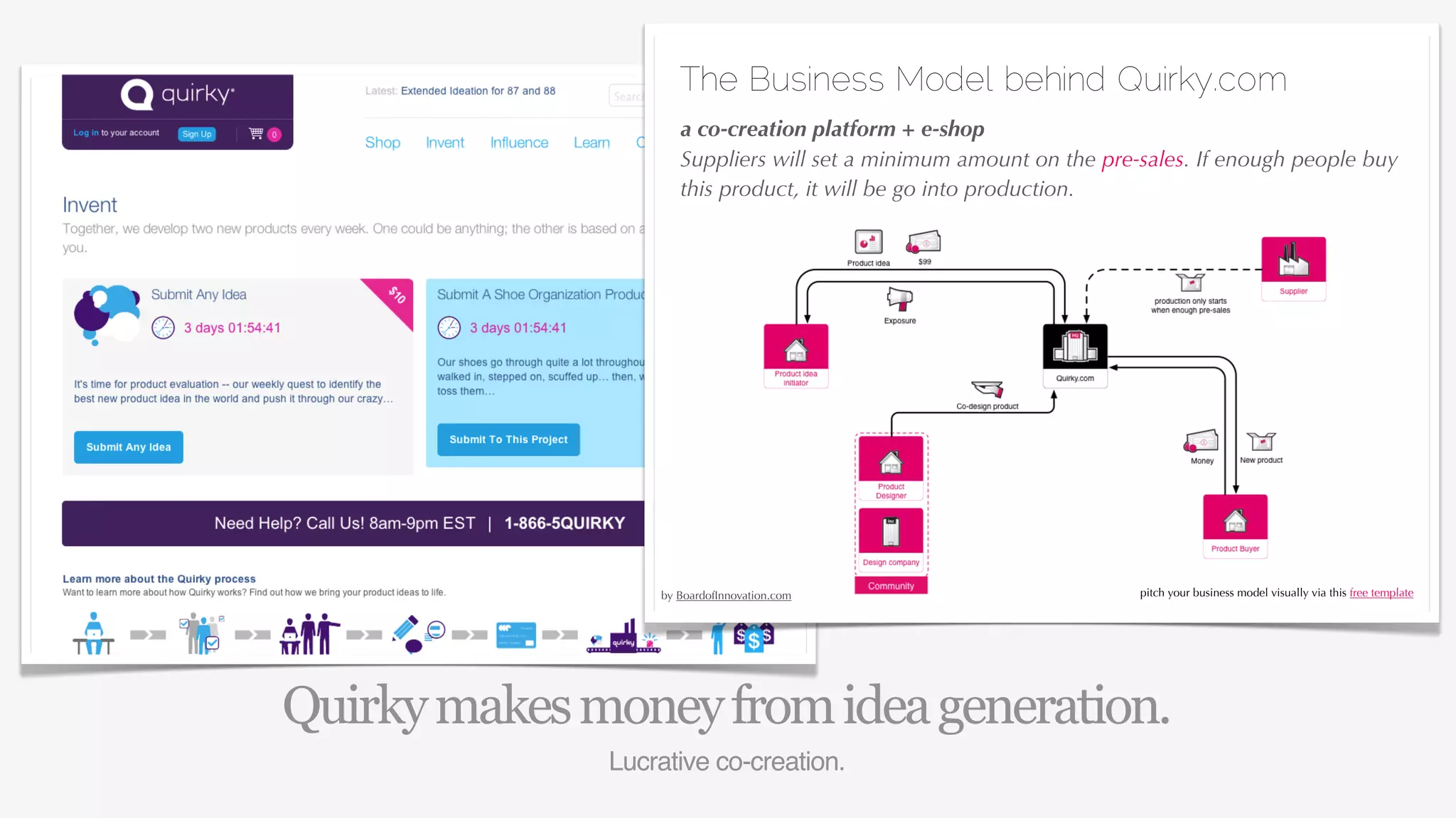 The Business Model behind Quirky.com
                      a co-creation platform + e-shop
                      Suppliers will set a minimum amount on the pre-sales. If enough people buy
                      this product, it will be go into production.




                                                                                              27/04/10
                   by BoardofInnovation.com                          pitch your business model visually via this free template


                27/04/10




Quirky makes money from idea generation.
              Lucrative co-creation.
 
