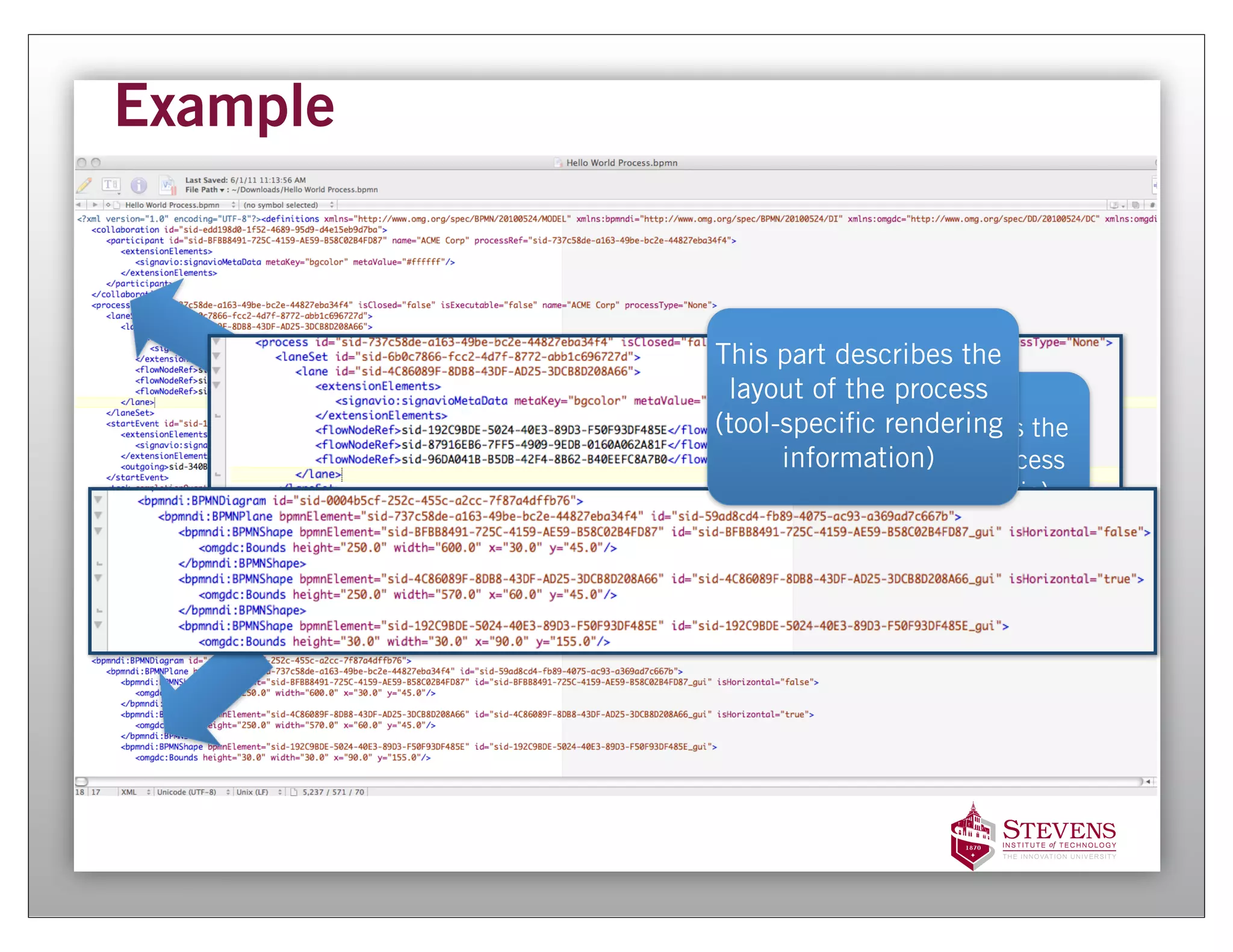 Example


          This part describes the
           layout of the process
          (tool-speci c rendering the
                  This part describes
                information)the process
                  content of
                  (the business logic)
 