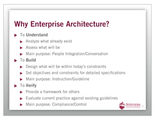 Why Enterprise Architecture?
 To Understand
    Analyze what already exist
    Assess what will be
    Main purpose: People Integration/Conversation
 To Build
    Design what will be within today’s constraints
    Set objectives and constraints for detailed speci cations
    Main purpose: Instruction/Guideline
 To Verify
    Provide a framework for others
    Evaluate current practice against existing guidelines
    Main purpose: Compliance/Control                            15
 