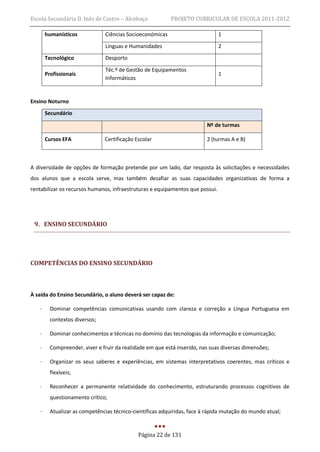 Escola Secundária D. Inês de Castro – Alcobaça            PROJETO CURRICULAR DE ESCOLA 2011-2012

       humanísticos            Ciências Socioeconómicas                        1

                               Línguas e Humanidades                           2
       Tecnológico             Desporto

                               Téc.º de Gestão de Equipamentos
       Profissionais                                                           1
                               Informáticos


Ensino Noturno
       Secundário

                                                                         Nº de turmas

       Cursos EFA              Certificação Escolar                      2 (turmas A e B)



A diversidade de opções de formação pretende por um lado, dar resposta às solicitações e necessidades
dos alunos que a escola serve, mas também desafiar as suas capacidades organizativas de forma a
rentabilizar os recursos humanos, infraestruturas e equipamentos que possui.




 9. ENSINO SECUNDÁRIO




COMPETÊNCIAS DO ENSINO SECUNDÁRIO



À saída do Ensino Secundário, o aluno deverá ser capaz de:

   ·     Dominar competências comunicativas usando com clareza e correção a Língua Portuguesa em
         contextos diversos;

   ·     Dominar conhecimentos e técnicas no domínio das tecnologias da informação e comunicação;

   ·     Compreender, viver e fruir da realidade em que está inserido, nas suas diversas dimensões;

   ·     Organizar os seus saberes e experiências, em sistemas interpretativos coerentes, mas críticos e
         flexíveis;

   ·     Reconhecer a permanente relatividade do conhecimento, estruturando processos cognitivos de
         questionamento crítico;

   ·     Atualizar as competências técnico-científicas adquiridas, face à rápida mutação do mundo atual;


                                             Página 22 de 131
 
