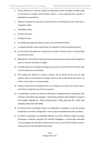 Escola Secundária D. Inês de Castro – Alcobaça             PROJETO CURRICULAR DE ESCOLA 2011-2012

     6.   Para os efeitos do nº anterior, devem ser elaboradas Grelhas de Registo de Observação
          ou documentos análogos que permitam traduzir, o mais rigorosamente possível, o
          qualitativo em quantitativo.

     7.   Antes da realização de cada teste, os alunos devem ser informados, de um modo claro e
          inequívoco, sobre:

     a.   Conteúdos a testar;

     b.   Estrutura da prova;

     c.   Duração do teste.

     8.   As cotações das perguntas devem constar nos enunciados dos testes.

     9.   A cotação atribuída a cada resposta deve ser registada na folha de prova dos alunos.

     10. Os enunciados não podem ser manuscritos, de modo a facilitar a leitura e interpretação
          por parte dos alunos.

     11. Não pode ser ministrado um segundo teste, sem que o primeiro tenha sido entregue aos
          alunos e com eles discutido e corrigido.

     12. Os testes devem ser corrigidos e entregues aos alunos no prazo máximo de 10 dias úteis
          a contar da data da sua realização.

     13. Sem prejuízo do disposto no número anterior, até ao último dia de aulas de cada
          período, todos os elementos de avaliação devem ser do conhecimento dos alunos, de
          modo a tornar viável a sua autoavaliação.

     14. Todos os elementos de avaliação devem ser entregues aos alunos em sala de aulas e
          esse facto ser registado nos sumários respetivos.

     15. A classificação a constar nos testes de avaliação é, obrigatoriamente, quantitativa. Nos
          restantes instrumentos de avaliação, a informação qualitativa deve obedecer à seguinte
          terminologia: Reduzido (0 – 19%), Insuficiente (20 – 49%), Suficiente (50 – 69%), Bom
          (70-89%) e Muito Bom (90-100%).

     16. Os instrumentos de avaliação devem ser elaborados e discutidos no seio dos grupos
          disciplinares, de modo a salvaguardar a maior justiça e equidade entre todos os alunos.

     17. Em ordem a prosseguir as finalidades referidas no número anterior, podem os grupos
          disciplinares, mediante aprovação do Conselho Pedagógico e comunicação atempada
          aos encarregados de educação, ministrar testes comuns, em horários também comuns,
          ainda que fora do horário habitual dos alunos.




                                            Página 50 de 131
 