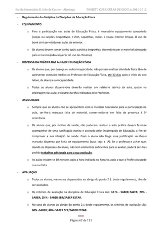Escola Secundária D. Inês de Castro – Alcobaça            PROJETO CURRICULAR DE ESCOLA 2011-2012

 -   Regulamento da disciplina da Disciplina de Educação Física

 -   EQUIPAMENTO

         o   Para a participação nas aulas de Educação Física, é necessário equipamento apropriado
             (calças ou calções desportivos, t-shirt, sapatilhas, meias e roupa interior limpas. O uso de
             boné só é permitido nas aulas de exterior.

         o   Os alunos devem tomar banho após a prática desportiva, devendo trazer o material adequado
             para o mesmo (não esquecer do uso de chinelos).

 -   DISPENSA DA PRÁTICA DAS AULA DE EDUCAÇÃO FÍSICA

         o   Os alunos que, por doença ou outra incapacidade, não possam realizar atividade física têm de
             apresentar atestado médico ao Professor de Educação Física, até 30 dias após o início do ano
             letivo, da doença ou incapacidade.

         o   Todos os alunos dispensados deverão realizar um relatório teórico da aula, ajudar na
             arbitragem nas aulas e noutras tarefas indicadas pelo Professor.

 -   ASSIDUIDADE

         o   Sempre que os alunos não se apresentem com o material necessário para a participação na
             aula, ser-lhe-á marcada falta de material, convertendo-se em falta de presença à 3ª
             ocorrência.

         o   Os alunos que, por motivo de saúde, não puderem realizar a aula prática devem fazer-se
             acompanhar de uma justificação escrita e assinada pelo Encarregado de Educação, a fim de
             comprovar a sua situação de saúde. Caso o aluno não traga essa justificação ser-lhes-á
             marcada dispensa por falta de equipamento (caso seja a 1ª). Se a professora achar que,
             devido às dispensas do aluno, não tem elementos suficientes para o avaliar, poderá ser-lhes
             pedido trabalhos adicionais para a sua avaliação.

         o   As aulas iniciam-se 10 minutos após a hora indicada no horário, após o que a Professora pode
             marcar falta.

 -   AVALIAÇÃO

         o   Todos os alunos, mesmo os dispensados ao abrigo do ponto 2.1. deste regulamento, têm de
             ser avaliados.

         o   Os critérios de avaliação na disciplina de Educação Física são: 60 % - SABER FAZER; 20% -
             SABER; 20 % - SABER SER/SABER ESTAR.

         o   No caso de alunos ao abrigo do ponto 2.1 deste regulamento, os critérios de avaliação são:
             60% -SABER; 40%- SABER SER/SABER ESTAR.


                                            Página 62 de 131
 