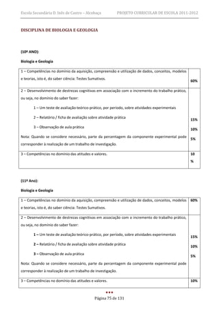 Escola Secundária D. Inês de Castro – Alcobaça              PROJETO CURRICULAR DE ESCOLA 2011-2012



DISCIPLINA DE BIOLOGIA E GEOLOGIA



(10º ANO):

Biologia e Geologia

1 – Competências no domínio da aquisição, compreensão e utilização de dados, conceitos, modelos
e teorias, isto é, do saber ciência: Testes Sumativos.
                                                                                                  60%

2 – Desenvolvimento de destrezas cognitivas em associação com o incremento do trabalho prático,
ou seja, no domínio do saber fazer:

        1 – Um teste de avaliação teórico-prático, por período, sobre atividades experimentais

        2 – Relatório / ficha de avaliação sobre atividade prática
                                                                                                  15%
        3 – Observação de aula prática
                                                                                                  10%
Nota: Quando se considere necessário, parte da percentagem da componente experimental pode
                                                                                                  5%
corresponder à realização de um trabalho de investigação.

3 – Competências no domínio das atitudes e valores.                                               10
                                                                                                  %



(11º Ano):

Biologia e Geologia

1 – Competências no domínio da aquisição, compreensão e utilização de dados, conceitos, modelos   60%
e teorias, isto é, do saber ciência: Testes Sumativos.

2 – Desenvolvimento de destrezas cognitivas em associação com o incremento do trabalho prático,
ou seja, no domínio do saber fazer:

        1 – Um teste de avaliação teórico-prático, por período, sobre atividades experimentais
                                                                                                  15%
        2 – Relatório / ficha de avaliação sobre atividade prática
                                                                                                  10%
        3 – Observação de aula prática
                                                                                                  5%
Nota: Quando se considere necessário, parte da percentagem da componente experimental pode
corresponder à realização de um trabalho de investigação.

3 – Competências no domínio das atitudes e valores.                                               10%



                                              Página 75 de 131
 