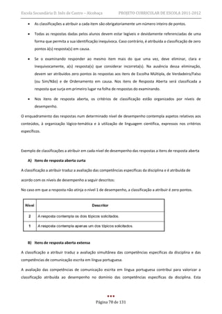 Escola Secundária D. Inês de Castro – Alcobaça              PROJETO CURRICULAR DE ESCOLA 2011-2012

       As classificações a atribuir a cada item são obrigatoriamente um número inteiro de pontos.

       Todas as respostas dadas pelos alunos devem estar legíveis e devidamente referenciadas de uma
        forma que permita a sua identificação inequívoca. Caso contrário, é atribuída a classificação de zero
        pontos à(s) resposta(s) em causa.

       Se o examinando responder ao mesmo item mais do que uma vez, deve eliminar, clara e
        Inequivocamente, a(s) resposta(s) que considerar incorreta(s). Na ausência dessa eliminação,
        devem ser atribuídos zero pontos às respostas aos itens de Escolha Múltipla, de Verdadeiro/Falso
        (ou Sim/Não) e de Ordenamento em causa. Nos itens de Resposta Aberta será classificada a
        resposta que surja em primeiro lugar na folha de respostas do examinando.

       Nos itens de resposta aberta, os critérios de classificação estão organizados por níveis de
        desempenho.

O enquadramento das respostas num determinado nível de desempenho contempla aspetos relativos aos
conteúdos, à organização lógico-temática e à utilização de linguagem científica, expressos nos critérios
específicos.



Exemplo de classificações a atribuir em cada nível de desempenho das respostas a itens de resposta aberta

    A) Itens de resposta aberta curta

A classificação a atribuir traduz a avaliação das competências específicas da disciplina e é atribuída de

acordo com os níveis de desempenho a seguir descritos:

No caso em que a resposta não atinja o nível 1 de desempenho, a classificação a atribuir é zero pontos.




    B) Itens de resposta aberta extensa

A classificação a atribuir traduz a avaliação simultânea das competências específicas da disciplina e das
competências de comunicação escrita em língua portuguesa.

A avaliação das competências de comunicação escrita em língua portuguesa contribui para valorizar a
classificação atribuída ao desempenho no domínio das competências específicas da disciplina. Esta




                                              Página 78 de 131
 