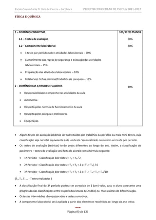 Escola Secundária D. Inês de Castro – Alcobaça                  PROJETO CURRICULAR DE ESCOLA 2011-2012

FÍSICA E QUÍMICA



1 – DOMÍNIO COGNITIVO                                                                     10º/11º/12ºANOS

    1.1 – Testes de avaliação                                                                    60%

    1.2 – Componente laboratorial                                                                30%

        1 teste por período sobre atividades laboratoriais - 60%

        Cumprimento das regras de segurança e execução das atividades
         laboratoriais – 15%

        Preparação das atividades laboratoriais – 10%

        Relatórios/ Fichas práticas/Trabalhos de pesquisa – 15%

2 – DOMÍNIO DAS ATITUDES E VALORES                                                               10%

        Responsabilidade e empenho nas atividades da aula

        Autonomia

        Respeito pelas normas de funcionamento da aula

        Respeito pelos colegas e professores

        Cooperação



   Alguns testes de avaliação poderão ser substituídos por trabalhos ou por dois ou mais mini-testes, cuja
    classificação seja no total equivalente à de um teste. Será realizado no mínimo um teste por período.
   Os testes de avaliação (teóricos) terão pesos diferentes ao longo do ano. Assim, a classificação do
    parâmetro – testes de avaliação será feita de acordo com a fórmula seguinte:

        1º Período – Classificação dos testes = T1 + T2 / 2

        2º Período – Classificação dos testes = T1 + T2 + 2 x ( T3 + T4 ) / 6

        3º Período – Classificação dos testes = T1 + T2 + 2 x ( T3 + T4 + T5 + T6)/10

(T1, T2, T3 … - Testes realizados )

   A classificação final do 3º período poderá ser acrescida de 1 (um) valor, caso o aluno apresente uma
    progressão nas classificações entre os períodos letivos de 2 (dois) ou mais valores de diferenciação.
   Os testes intermédios são equiparados a testes sumativos.
   A componente laboratorial será avaliada a partir dos elementos recolhidos ao longo do ano letivo.


                                                 Página 80 de 131
 