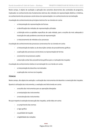 Escola Secundária D. Inês de Castro – Alcobaça            PROJETO CURRICULAR DE ESCOLA 2011-2012

Neste campo, é objeto de avaliação a aplicação dos conceitos decorrentes dos conteúdos do programa,
implicados no conhecimento dos fundamentos teóricos dos métodos de representação diédrica e triédrica,
no conhecimento dos processos construtivos da representação e no conhecimento da normalização.

A avaliação do conhecimento dos princípios teóricos far-se-á tendo em conta:

       -   a interpretação de representações de formas

       -   a identificação dos métodos de representação utilizados

       -   a distinção entre as aptidões específicas de cada método, para a escolha do mais adequado à
           resolução de cada problema concreto de representação

       -   o relacionamento de métodos e/ou processos

A avaliação do conhecimento dos processos construtivos far-se-á tendo em conta:

       -   a interpretação de dados ou de descrições verbais de procedimentos gráficos

       -   a aplicação dos processos construtivos na representação de formas

       -   a economia nos processos usados

       -   a descrição verbal dos procedimentos gráficos para a realização dos traçados

A avaliação do conhecimento relativo à normalização far-se-á tendo em conta:

       -   a interpretação de desenhos normalizados

       -   a aplicação das normas nos traçados

TÉCNICAS

Neste campo, são objeto de avaliação: a utilização dos instrumentos de desenho e a execução dos traçados.

Quanto à utilização dos instrumentos, a avaliação será feita tendo em conta:

       -   a escolha dos instrumentos para as operações desejadas

       -   a manipulação dos instrumentos

       -   a manutenção dos instrumentos

No que respeita à avaliação da execução dos traçados, serão tidos em conta:

       -   o cumprimento das normas

       -   o rigor gráfico

       -   a qualidade do traçado

       -   a legibilidade das notações




                                            Página 82 de 131
 