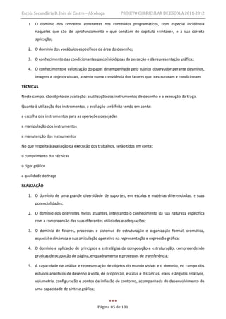 Escola Secundária D. Inês de Castro – Alcobaça             PROJETO CURRICULAR DE ESCOLA 2011-2012

    1. O domínio dos conceitos constantes nos conteúdos programáticos, com especial incidência
        naqueles que são de aprofundamento e que constam do capítulo «sintaxe», e a sua correta
        aplicação;

    2. O domínio dos vocábulos específicos da área do desenho;

    3. O conhecimento das condicionantes psicofisiológicas da perceção e da representação gráfica;

    4. O conhecimento e valorização do papel desempenhado pelo sujeito observador perante desenhos,
        imagens e objetos visuais, assente numa consciência dos fatores que o estruturam e condicionam.

TÉCNICAS

Neste campo, são objeto de avaliação: a utilização dos instrumentos de desenho e a execução do traço.

Quanto à utilização dos instrumentos, a avaliação será feita tendo em conta:

a escolha dos instrumentos para as operações desejadas

a manipulação dos instrumentos

a manutenção dos instrumentos

No que respeita à avaliação da execução dos trabalhos, serão tidos em conta:

o cumprimento das técnicas

o rigor gráfico 

a qualidade do traço

REALIZAÇÃO

    1. O domínio de uma grande diversidade de suportes, em escalas e matérias diferenciadas, e suas
        potencialidades;

    2. O domínio dos diferentes meios atuantes, integrando o conhecimento da sua natureza específica
        com a compreensão das suas diferentes utilidades e adequações;

    3. O domínio de fatores, processos e sistemas de estruturação e organização formal, cromática,
        espacial e dinâmica e sua articulação operativa na representação e expressão gráfica;

    4. O domínio e aplicação de princípios e estratégias de composição e estruturação, compreendendo
        práticas de ocupação de página, enquadramento e processos de transferência;

    5. A capacidade de análise e representação de objetos do mundo visível e o domínio, no campo dos
        estudos analíticos de desenho à vista, de proporção, escalas e distâncias, eixos e ângulos relativos,
        volumetria, configuração e pontos de inflexão de contorno, acompanhada do desenvolvimento de
        uma capacidade de síntese gráfica;



                                             Página 85 de 131
 