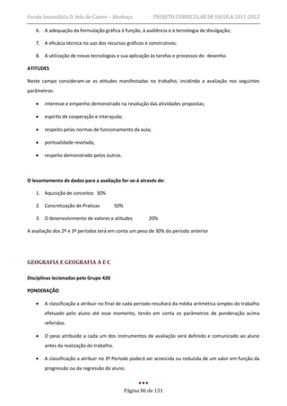 Escola Secundária D. Inês de Castro – Alcobaça              PROJETO CURRICULAR DE ESCOLA 2011-2012

   6. A adequação da formulação gráfica à função, à audiência e à tecnologia de divulgação;

   7. A eficácia técnica no uso dos recursos gráficos e construtivos;

   8. A utilização de novas tecnologias e sua aplicação às tarefas e processos do desenho.

ATITUDES

Neste campo consideram-se as atitudes manifestadas no trabalho, incidindo a avaliação nos seguintes
parâmetros:

      interesse e empenho demonstrado na resolução das atividades propostas;

      espírito de cooperação e interajuda;

      respeito pelas normas de funcionamento da aula;

      pontualidade revelada;

      respeito demonstrado pelos outros.



O levantamento de dados para a avaliação far-se-á através de:

   1. Aquisição de conceitos 30%

   2. Concretização de Praticas           50%

   3. O desenvolvimento de valores e atitudes             20%

A avaliação dos 2º e 3º períodos terá em conta um peso de 30% do período anterior




GEOGRAFIA E GEOGRAFIA A E C

Disciplinas lecionadas pelo Grupo 420

PONDERAÇÃO

      A classificação a atribuir no final de cada período resultará da média aritmética simples do trabalho
       efetuado pelo aluno até esse momento, tendo em conta os parâmetros de ponderação acima
       referidos.

      O peso atribuído a cada um dos instrumentos de avaliação será definido e comunicado ao aluno
       antes da realização do trabalho.

      A classificação a atribuir no 3º Período poderá ser acrescida ou reduzida de um valor em função da
       progressão ou da regressão do aluno.



                                                Página 86 de 131
 