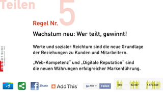 Teilen
     Regel Nr.  5
     Wachstum neu: Wer teilt, gewinnt!

     Werte und sozialer Reichtum sind die neue Grundlage
     der Beziehungen zu Kunden und Mitarbeitern.

     „Web-Kompetenz“ und „Digitale Reputation“ sind
     die neuen Währungen erfolgreicher Markenführung.
 