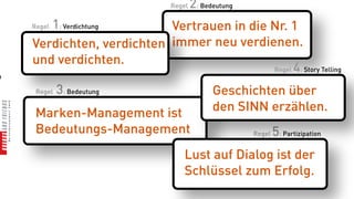 Regel   2: Bedeutung
       1: Verdichtung
    Regel                  Vertrauen in die Nr. 1
    Verdichten, verdichten immer neu verdienen.
    und verdichten.
                                            Regel 4: Story Telling
n

     Regel   3: Bedeutung                    Geschichten über
     Marken-Management ist                   den SINN erzählen.
     Bedeutungs-Management                            Regel   5: Partizipation
                                   Lust auf Dialog ist der
                                   Schlüssel zum Erfolg.
 