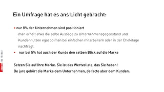 Ein Umfrage hat es ans Licht gebracht:

• nur 8% der Unternehmen sind positioniert
  man erhält etwa die selbe Aussage zu Unternehmensgegenstand und
  Kundennutzen egal ob man bei einfachen mitarbeitern oder in der Chefetage
  nachfragt.
• nur bei 5% hat auch der Kunde den selben Blick auf die Marke


Setzen Sie auf Ihre Marke. Sie ist das Wertvollste, das Sie haben!
De jure gehört die Marke dem Unternehmen, de facto aber dem Kunden.
 