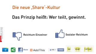 Die neue ,Share‘-Kultur

Das Prinzip heißt: Wer teilt, gewinnt.


     Reichtum Einzelner    Sozialer Reichtum
 