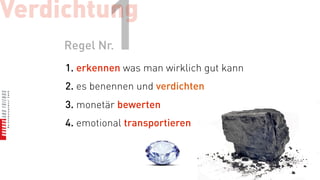 Verdichtung
             1
     Regel Nr.
     1. erkennen was man wirklich gut kann
     2. es benennen und verdichten
     3. monetär bewerten
     4. emotional transportieren
 